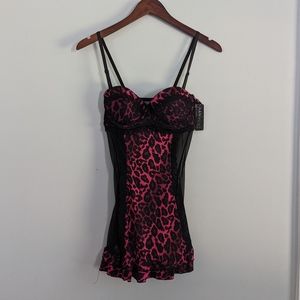 NEW Rampage Black Pink Lace Cheetah Print Babydoll Top Only Large